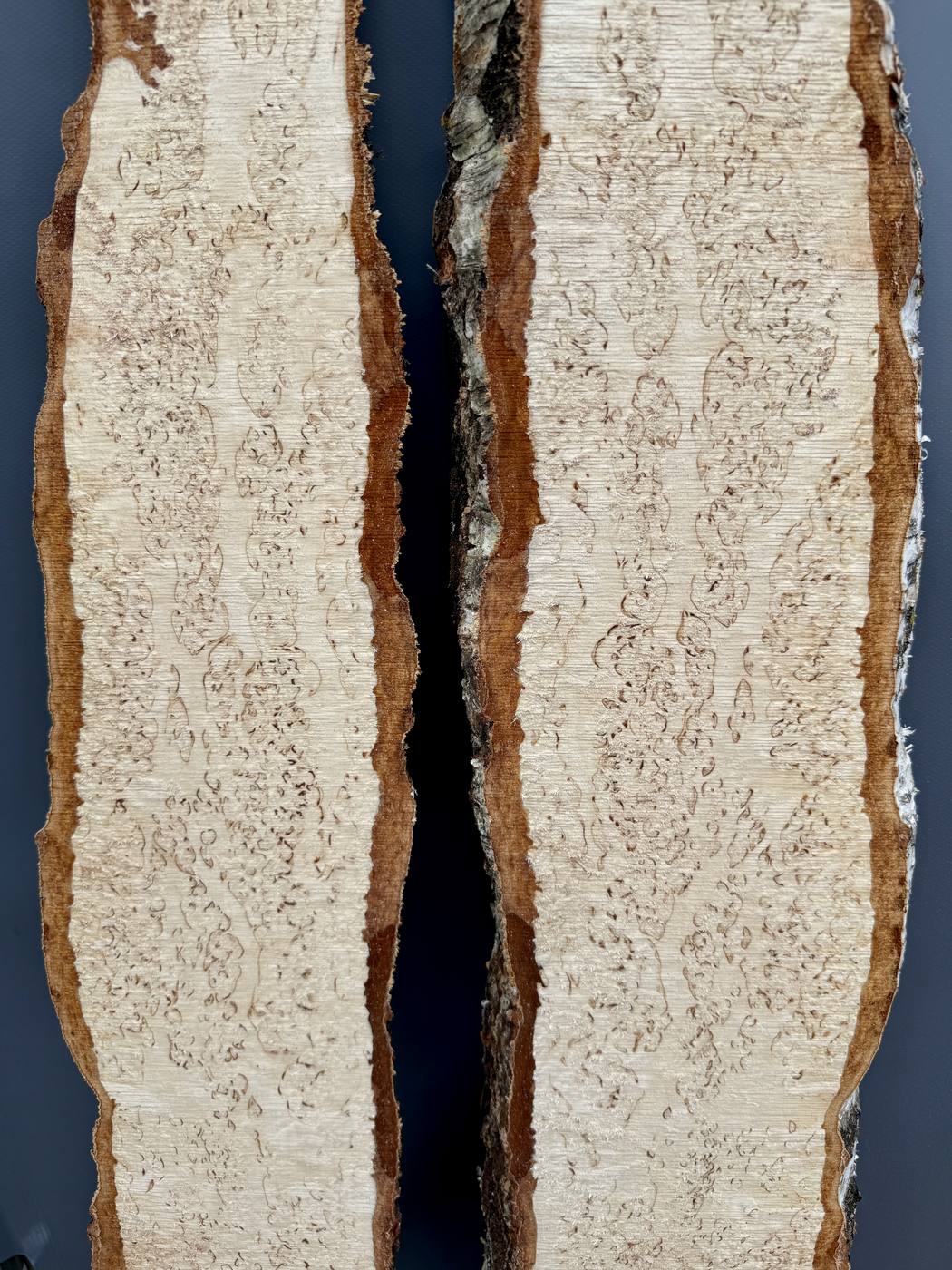 A bookmatched pair of curly birch slabs cut from the same log, the figure mirrored across the join